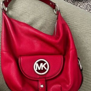 Michael Kors Red Pebbled Leather Shoulder Bag with MK Medallion